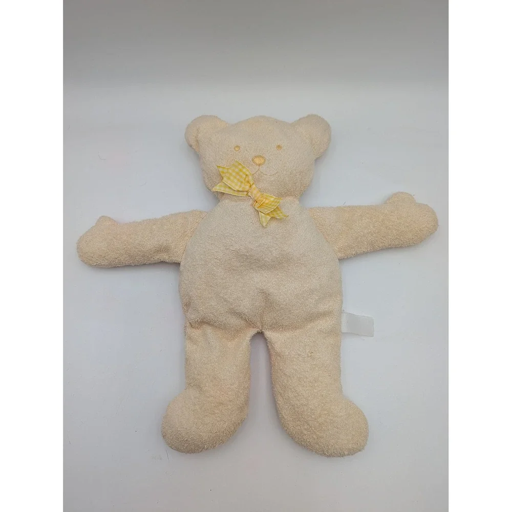 Plush Teddy Bear Cream Terry Cloth Yellow Gingham Bow Flat Style